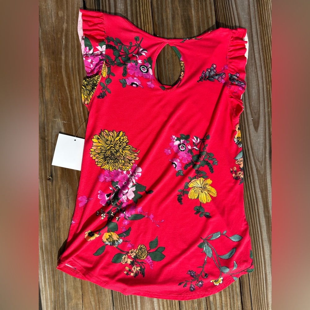 Free Kisses BLOUSE Women S Vermillion Floral Stretch Ruffle Sleeve Peekaboo Back - Picture 5 of 5